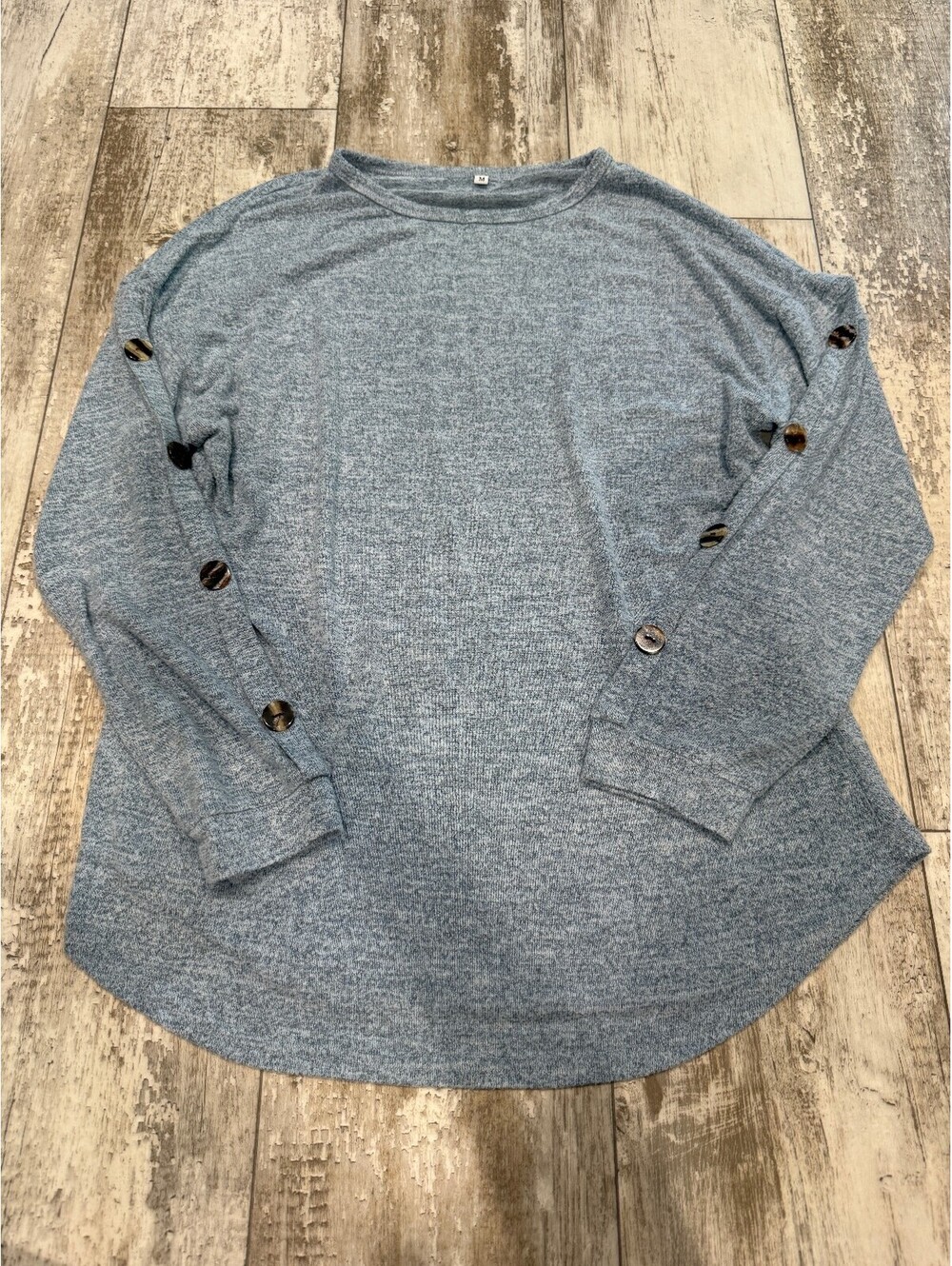 Womens M Blue Marled Button Sleeve Tunic Sweater Top Oversized